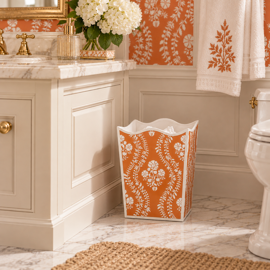 Burnt Orange Floral Trellis Wastepaper Basket & Tissue (2 Options)
