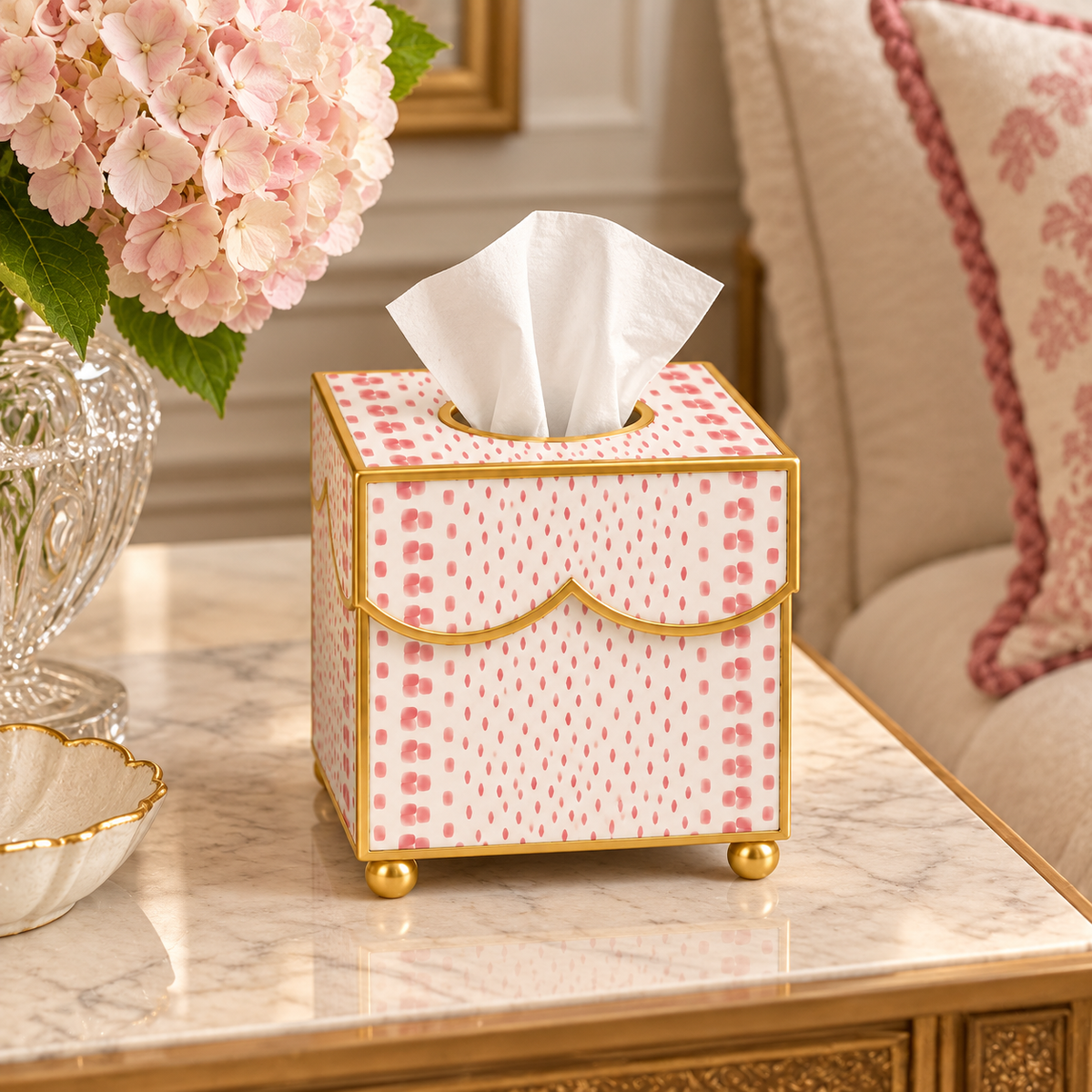 Pink Dot Square Scalloped Wastepaper Basket & Tissue Holder (2 Options)