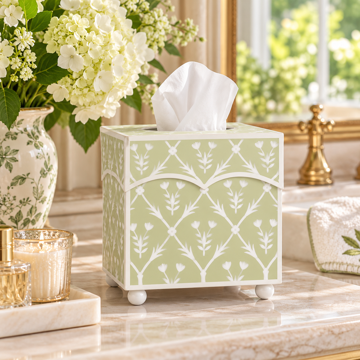 Pale Green & White Tulip Wastepaper Basket & Tissue (2 Options)