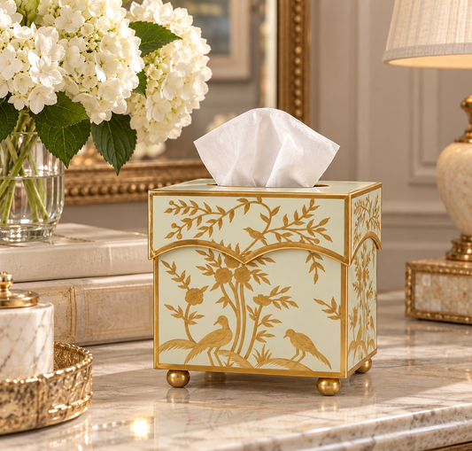 Pale Green & Gold Chinoiserie Wastepaper Basket & Tissue (2 Options)