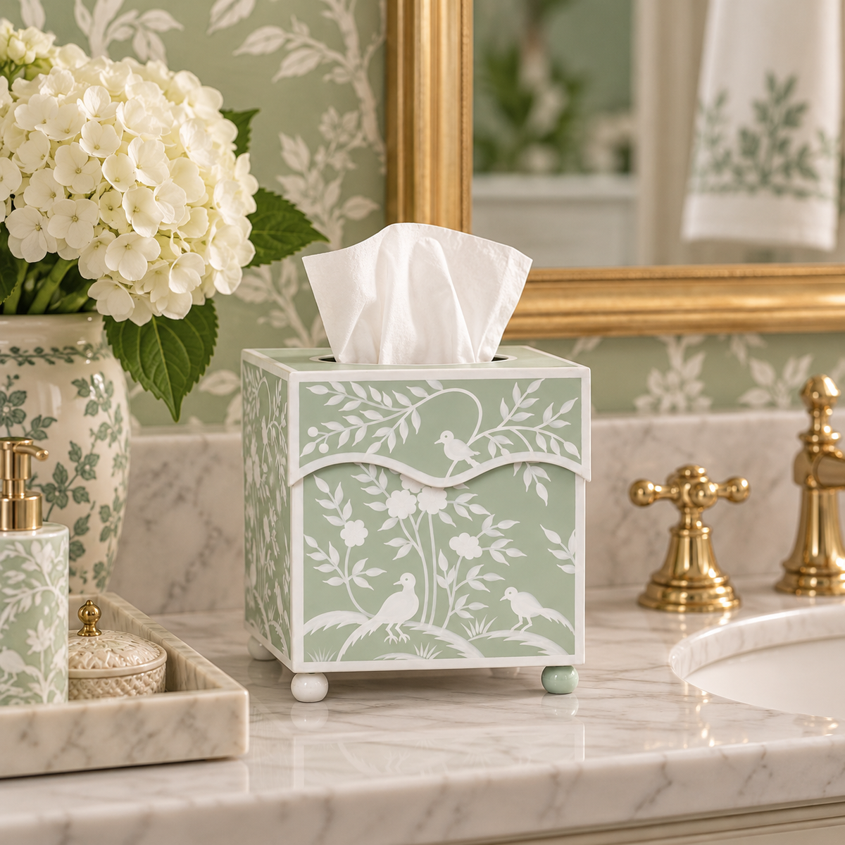 Green Bird & Vine Wastepaper Basket & Tissue (2 Options)