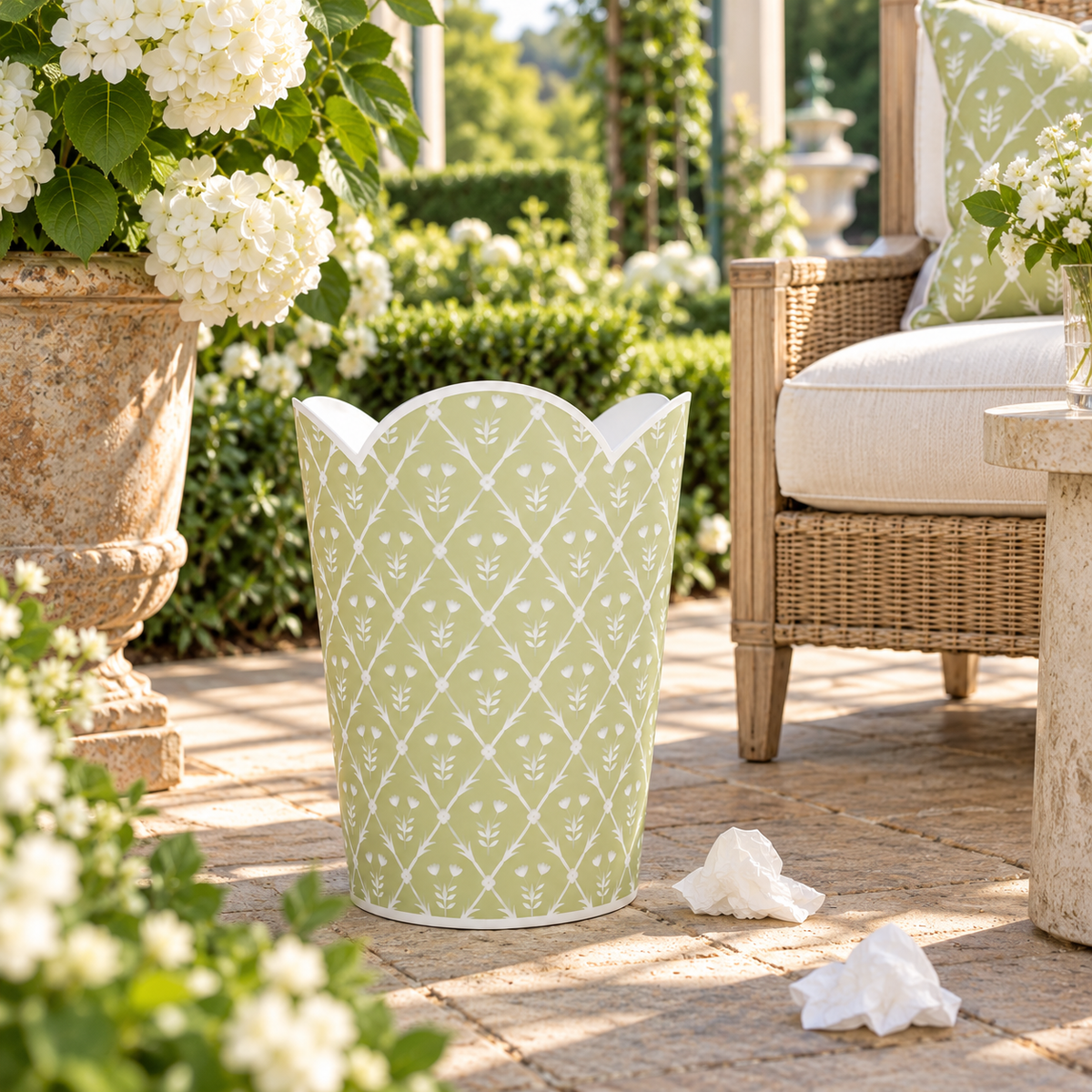 Pale Green & White Tulip Wastepaper Basket & Tissue (2 Options)