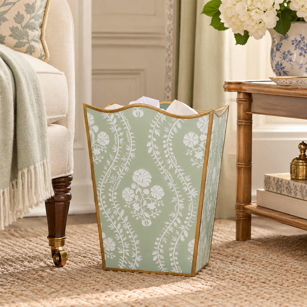 Sage Green Floral Trellis Wastepaper Basket & Tissue (2 Options)