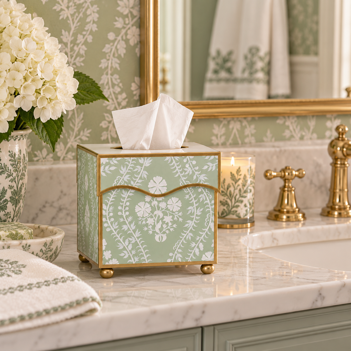 Sage Green Floral Trellis Wastepaper Basket & Tissue (2 Options)