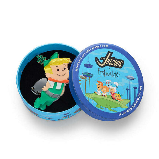 a blue round box with a cartoon character inside