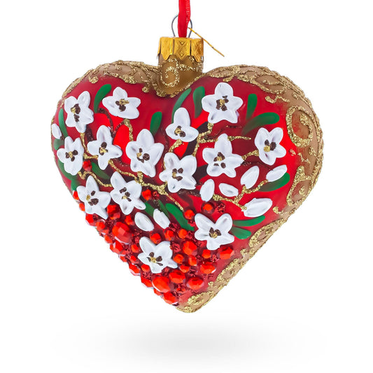 Embellished Ruby Floral Heart Glass Ornament