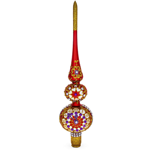Embossed Clock on Glittered Double Ball Red Glass Christmas Tree Topper 12.5 Inches