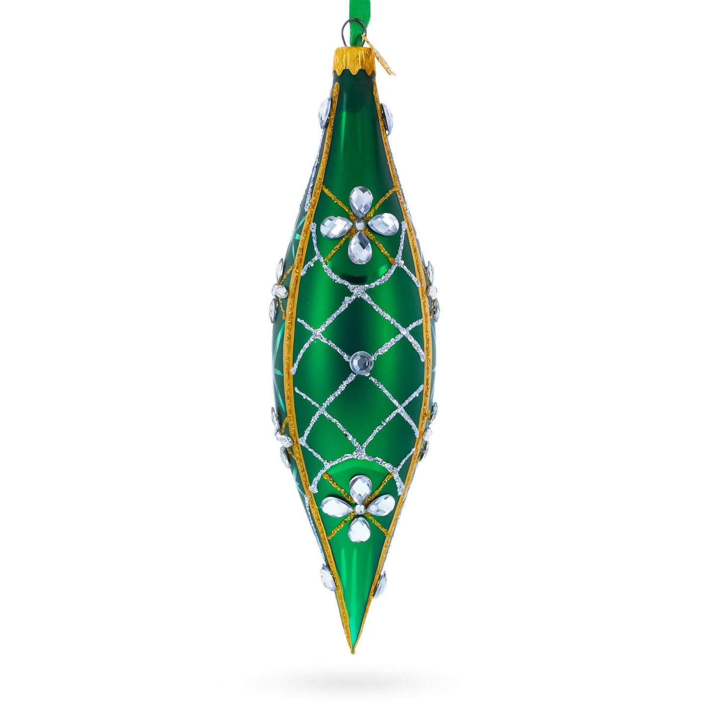 Emerald Jeweled Lattice Elongated Pointed Teardrop Finial Glass Christmas Ornament