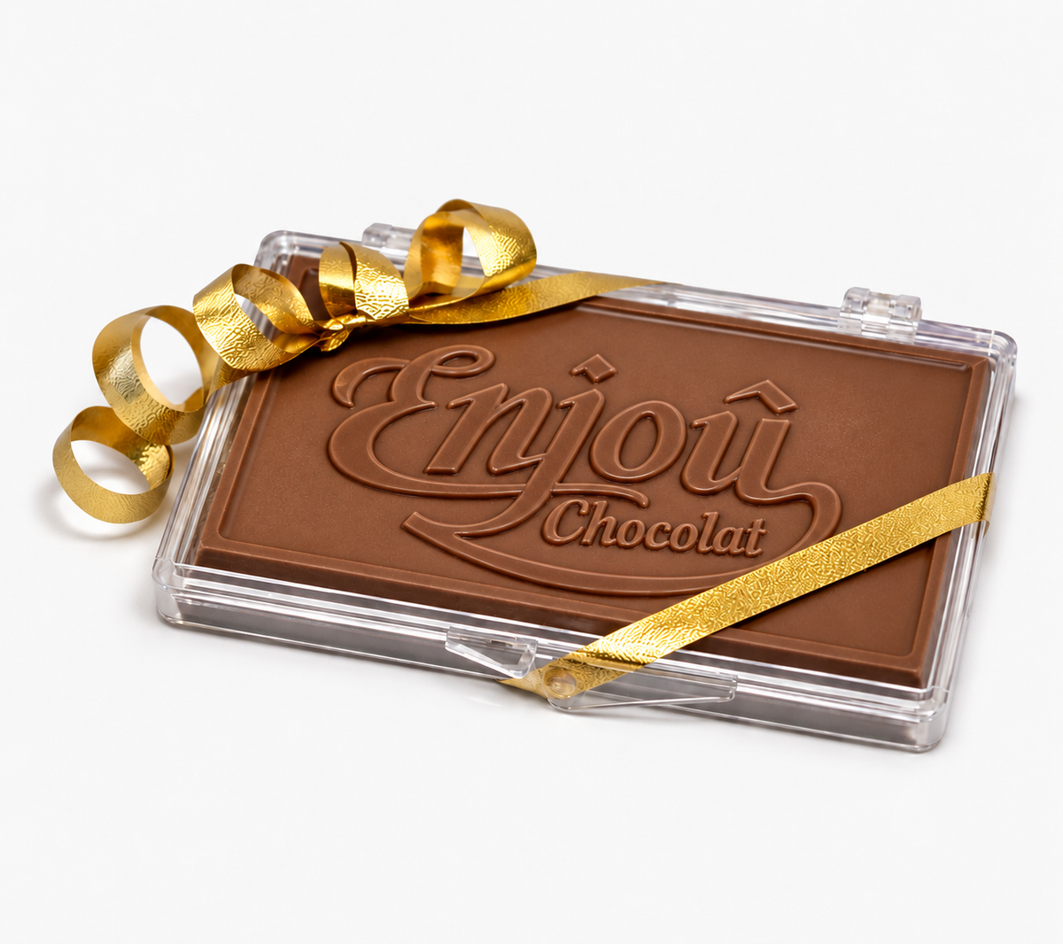 a chocolate bar with a gold ribbon