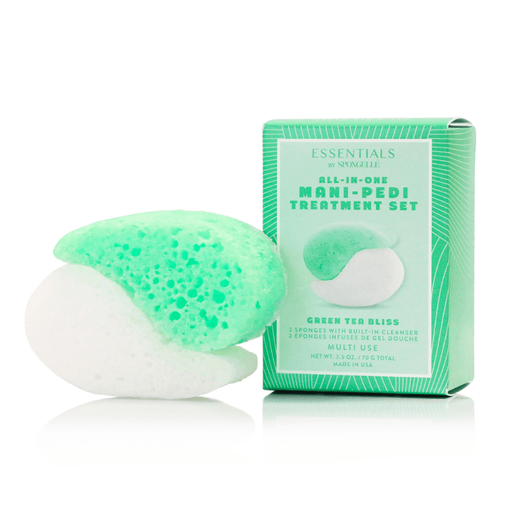 a green and white sponge next to a box