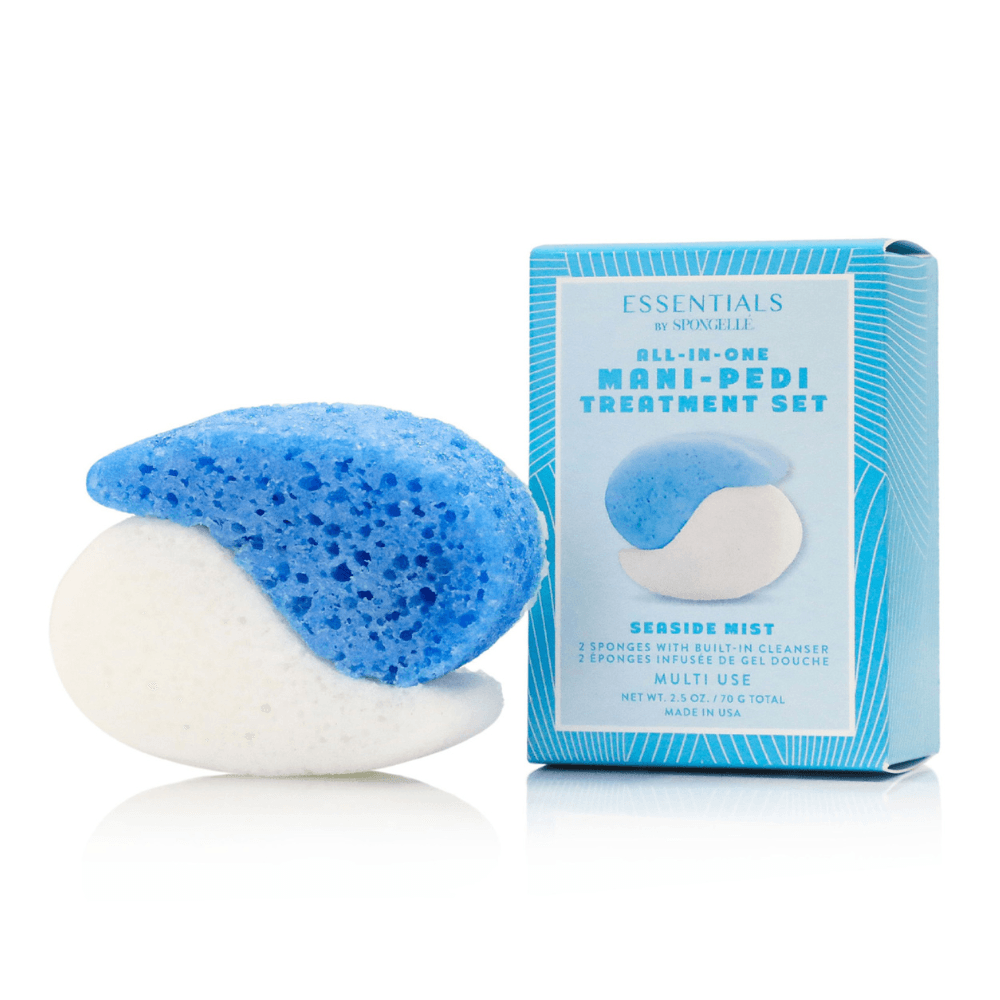 a blue and white sponge next to a box