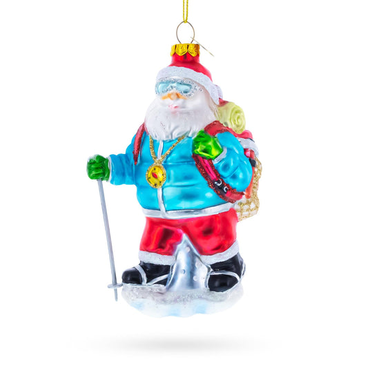 Explorer Santa with Goggles And Trekking Pole Glass Christmas Ornament