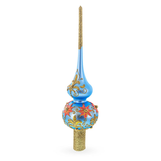 Exquisite Blue and Gold Floral Glass Christmas Tree Topper 11 Inches