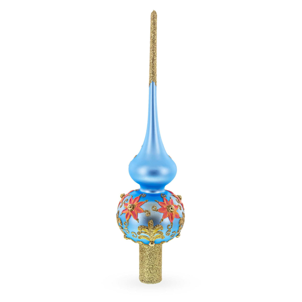 Exquisite Blue and Gold Floral Glass Christmas Tree Topper 11 Inches