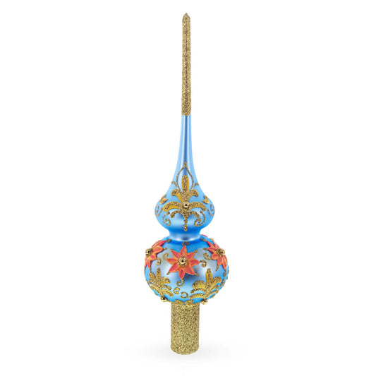 Exquisite Blue and Gold Floral Glass Christmas Tree Topper 11 Inches