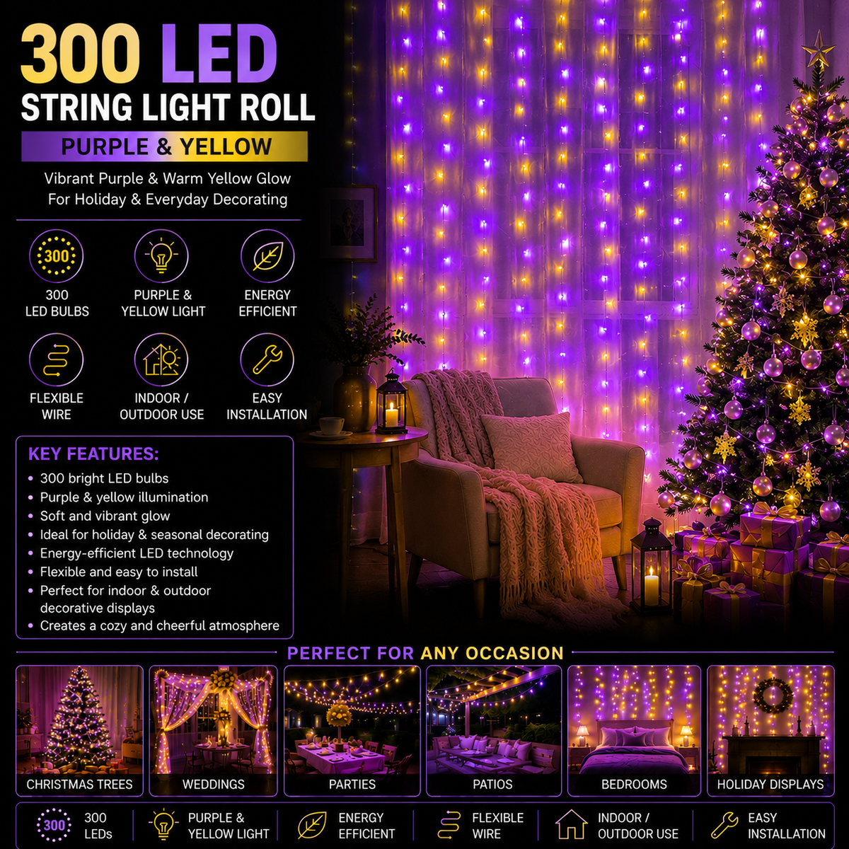 300 LED String Light Super Bright Roll - Purple Yellow