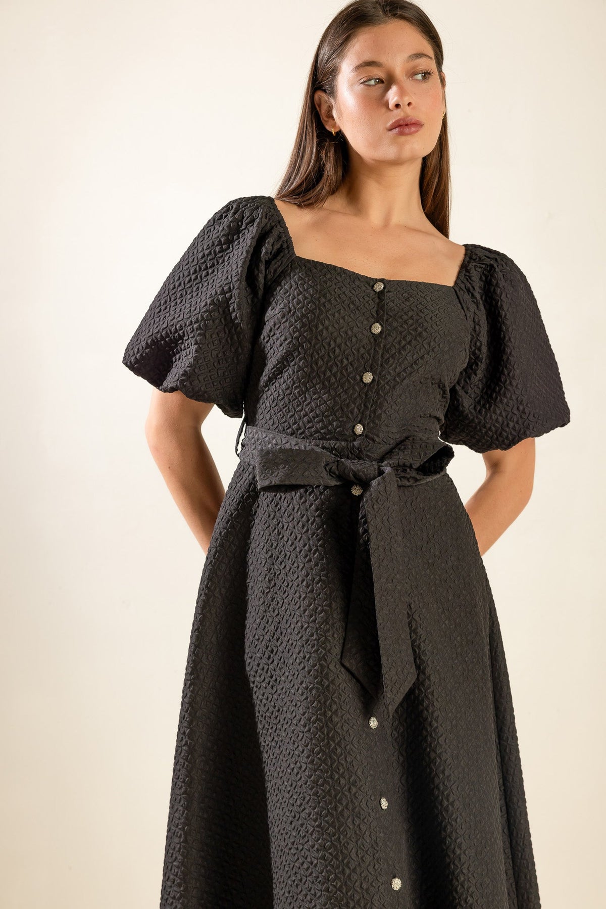 NOIR HERITAGE BLACK TEXTURED BUTTON-FRONT BELTED MIDI DRESS