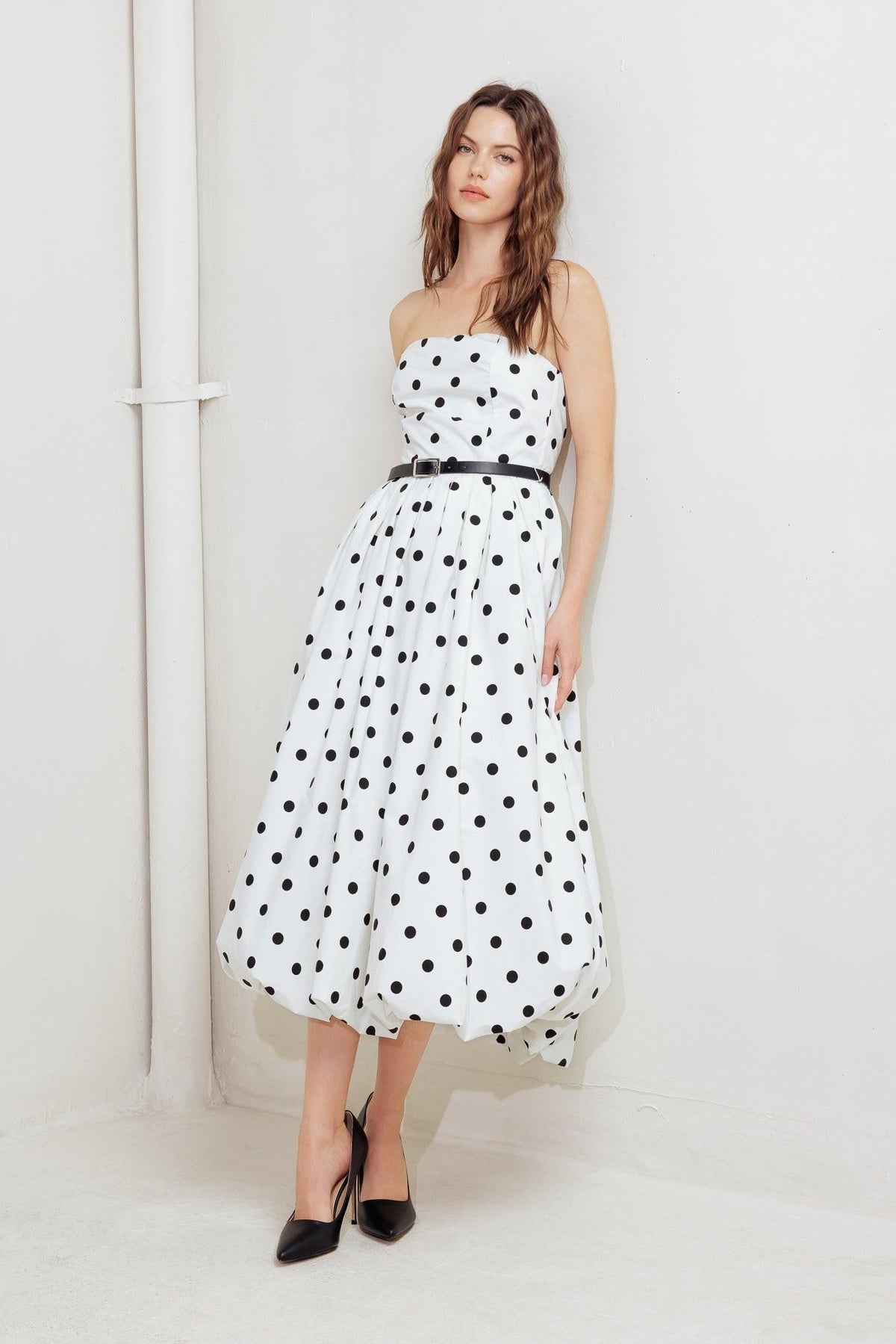 MONROE DOT WHITE WOVEN MIDI DRESS