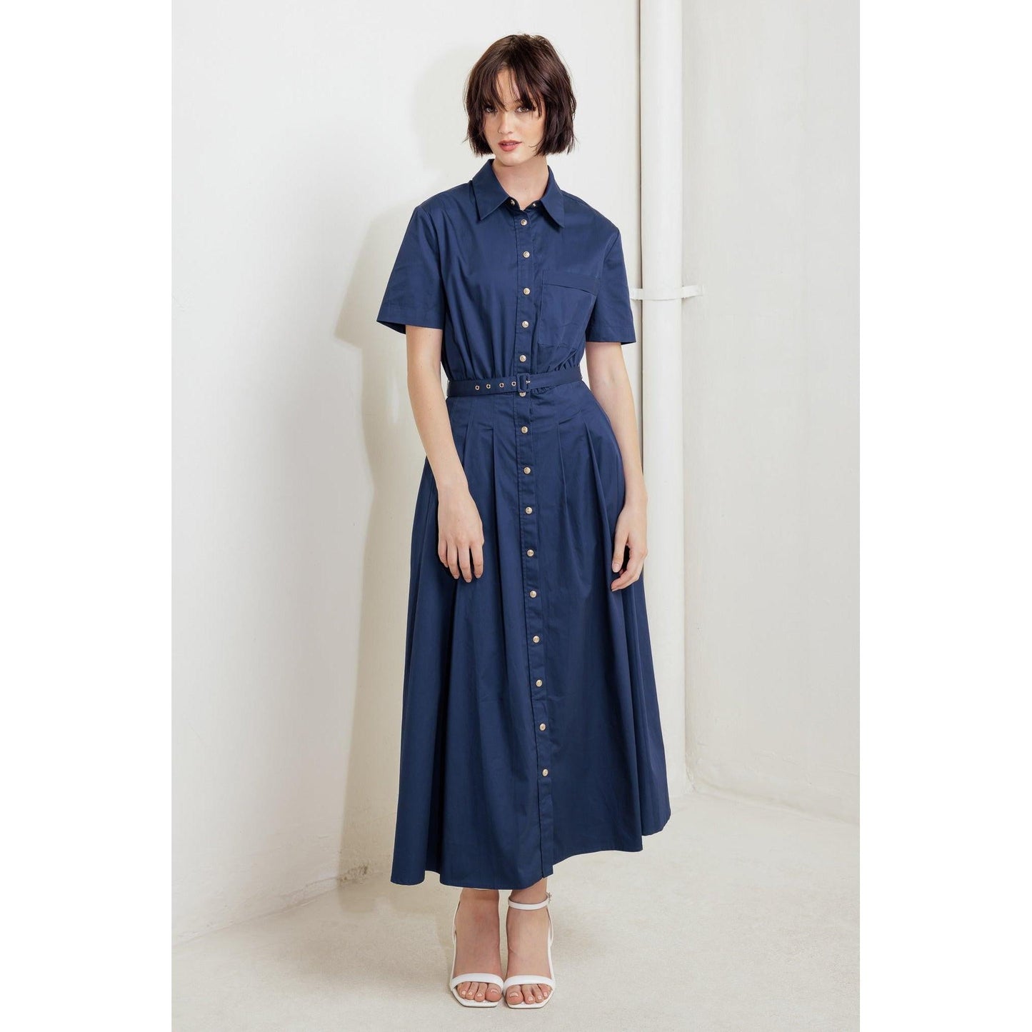 CINCHED COUTURE WOVEN MIDI DRESS