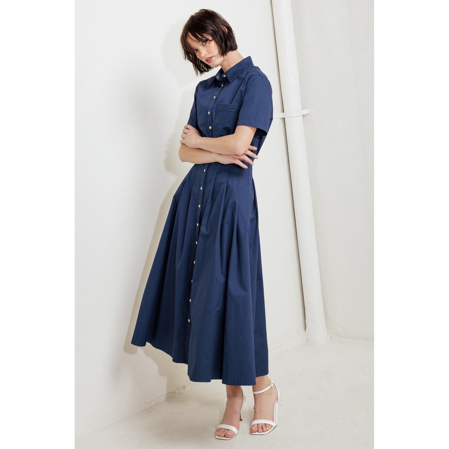 CINCHED COUTURE WOVEN MIDI DRESS