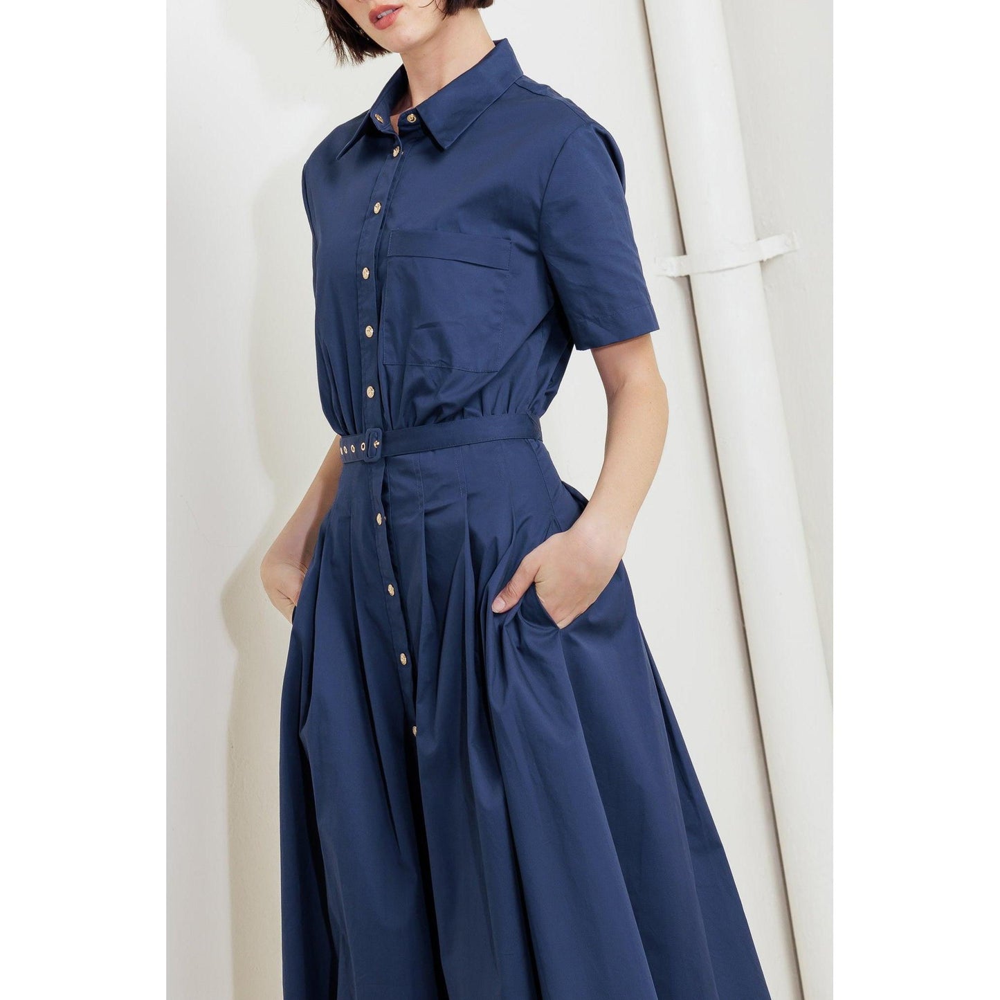 CINCHED COUTURE WOVEN MIDI DRESS