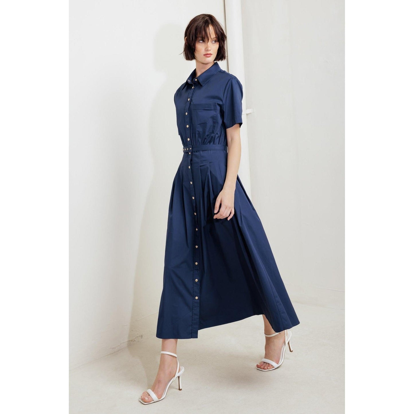 CINCHED COUTURE WOVEN MIDI DRESS