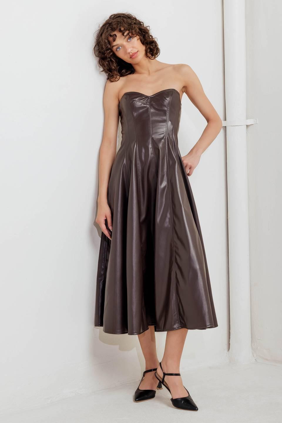 ESPRESSO DIVA FAUX LEATHER MIDI DRESS