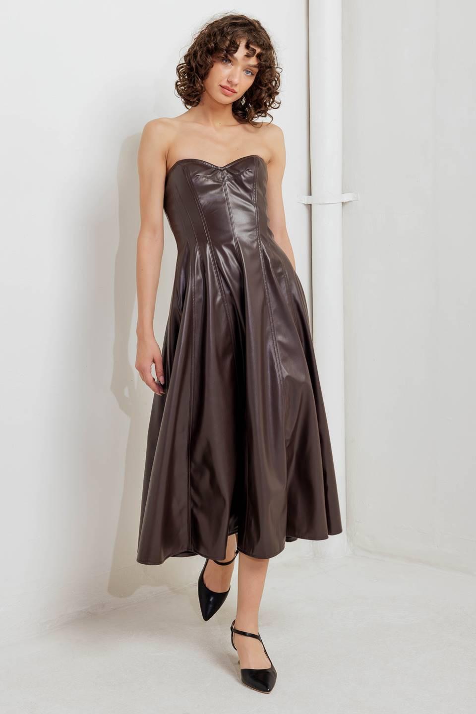 ESPRESSO DIVA FAUX LEATHER MIDI DRESS