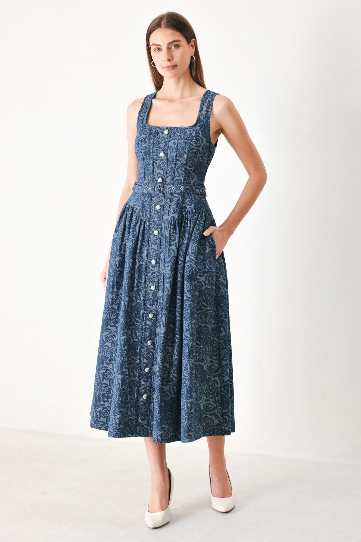 a woman in a blue dress