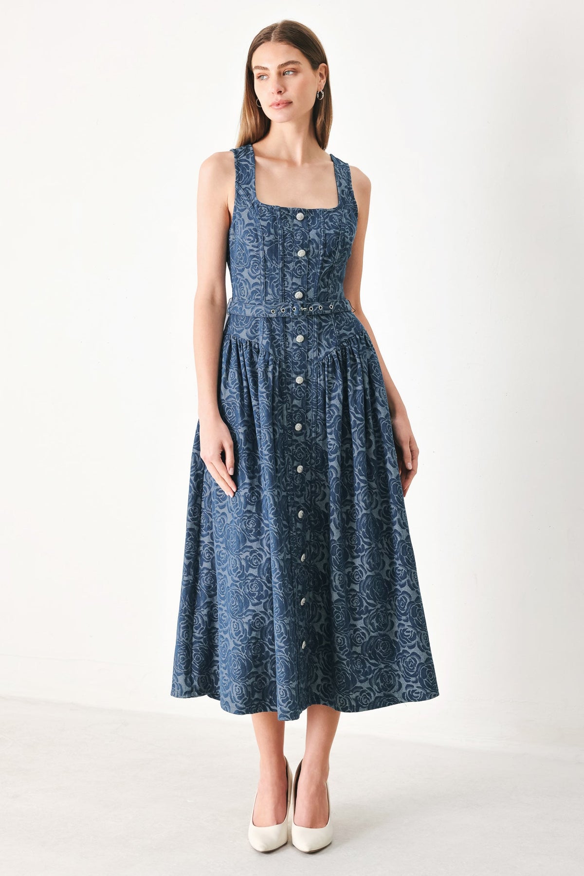 a woman in a blue dress