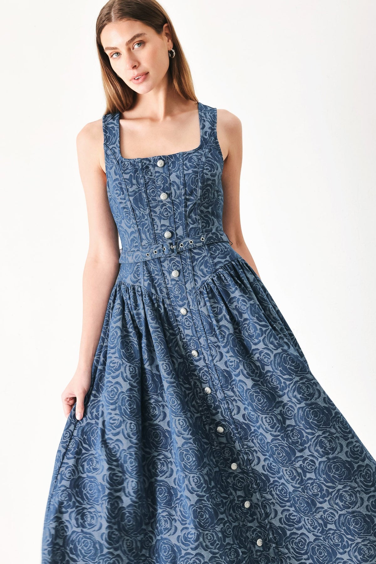 a woman in a blue dress