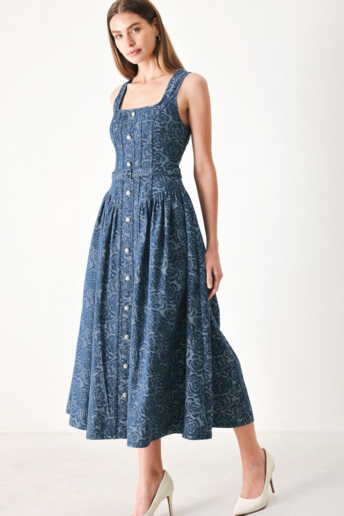 a woman in a blue dress