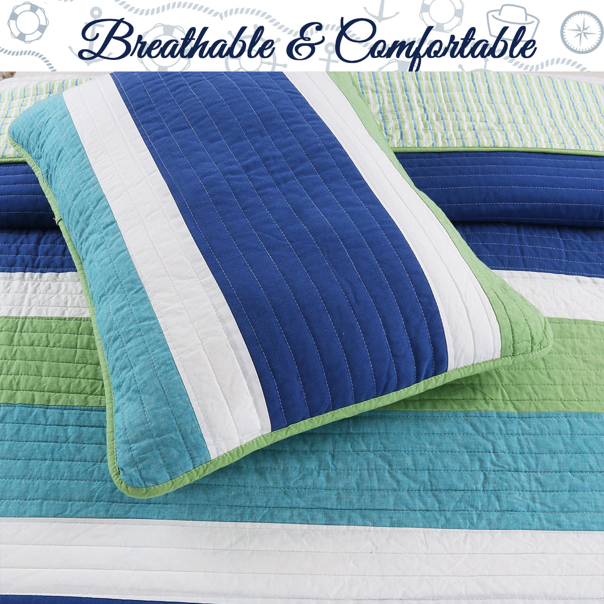 a blue and green striped bedding