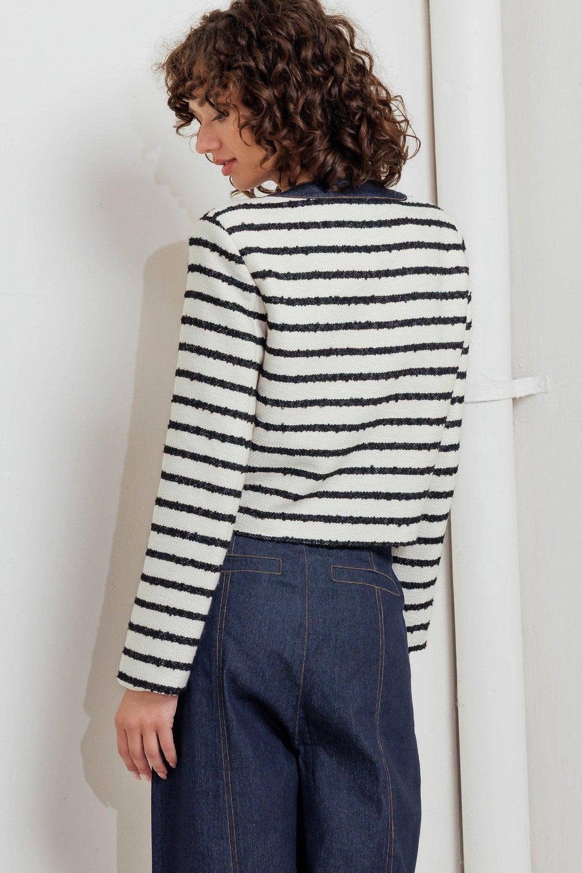BONJOUR STRIPE WOVEN CROP JACKET