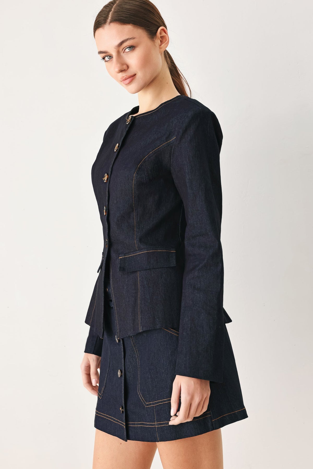 a woman in a blue suit