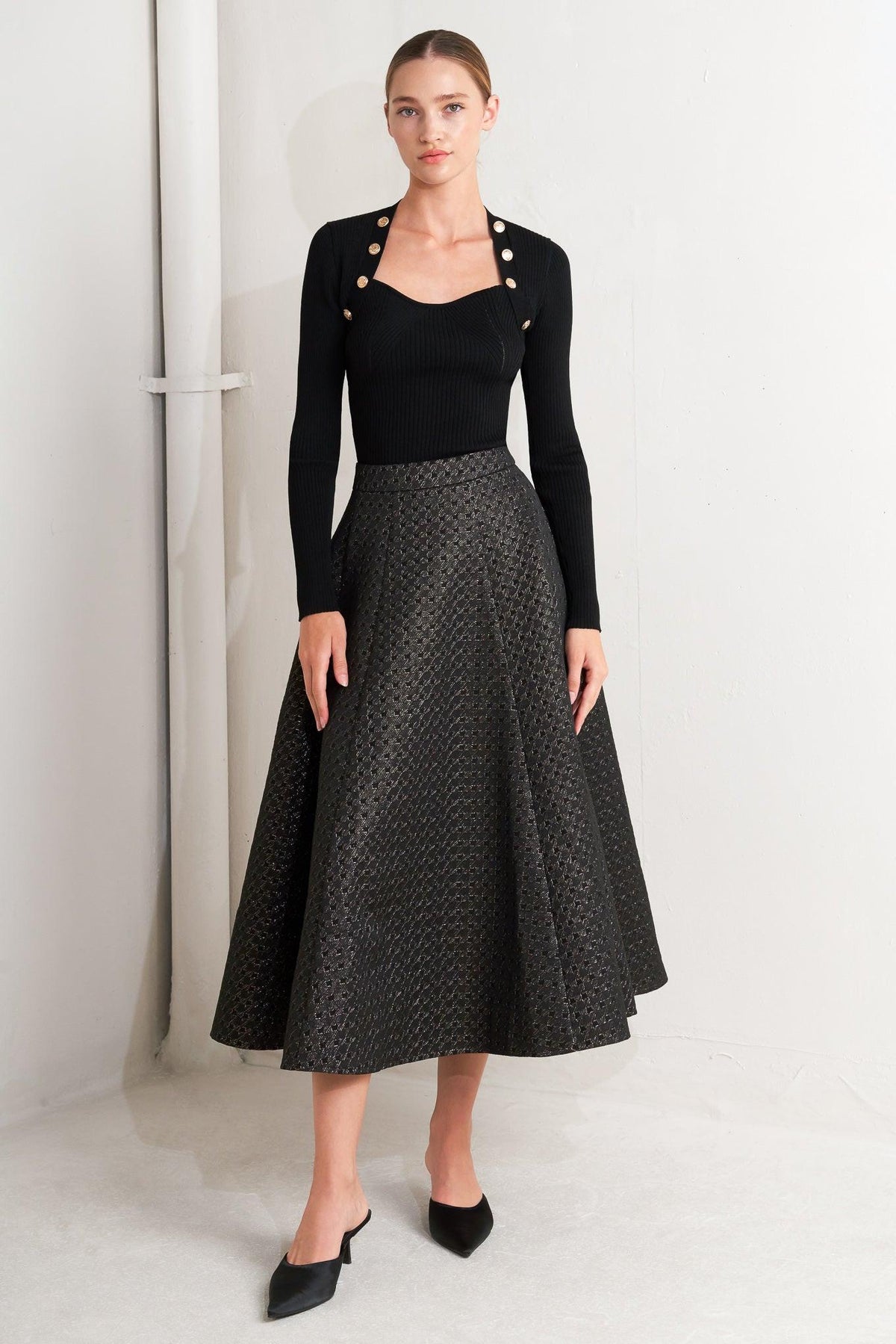 EVENING SCULPT METALLIC WOVEN CIRCLE SKIRT