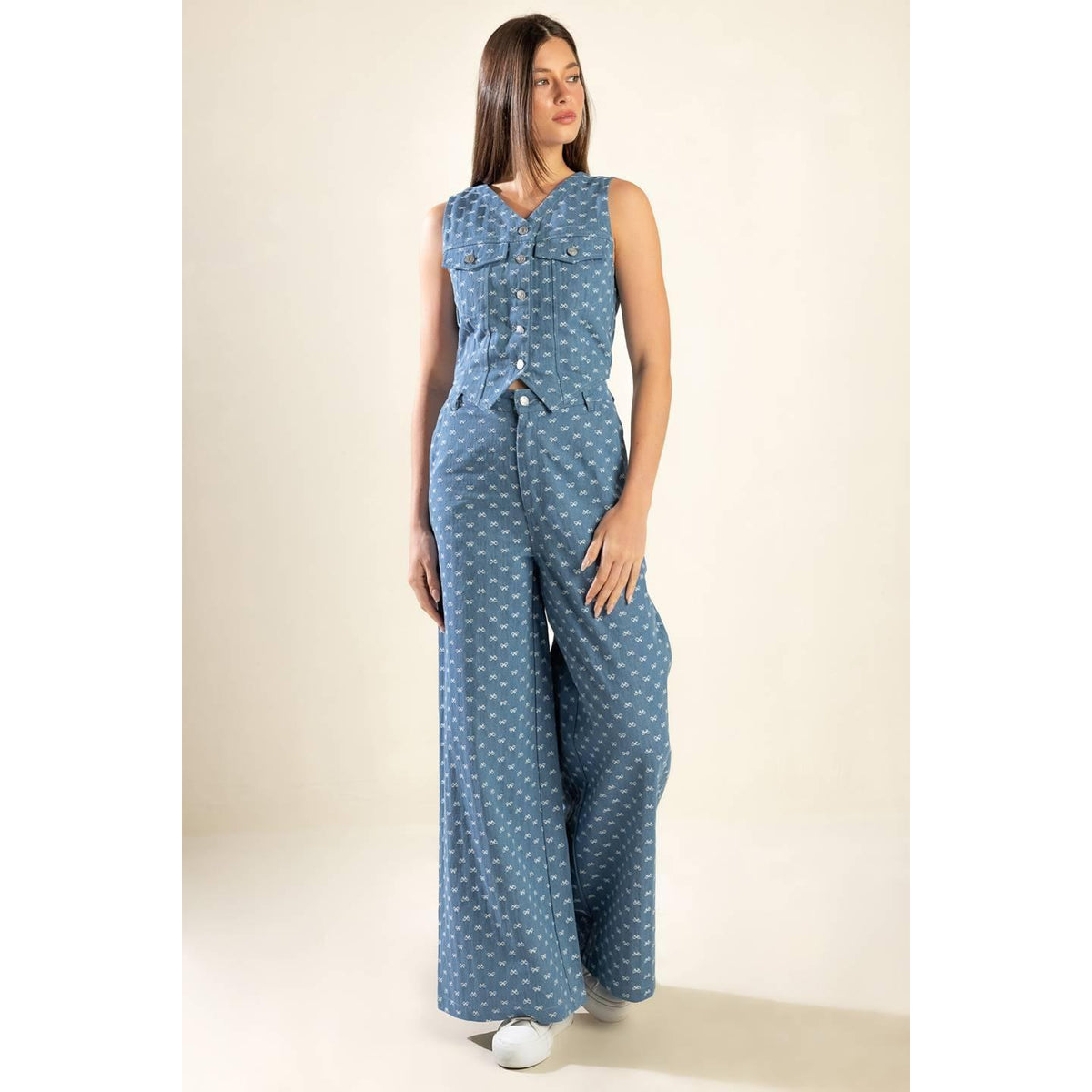 a woman in a blue jumpsuit