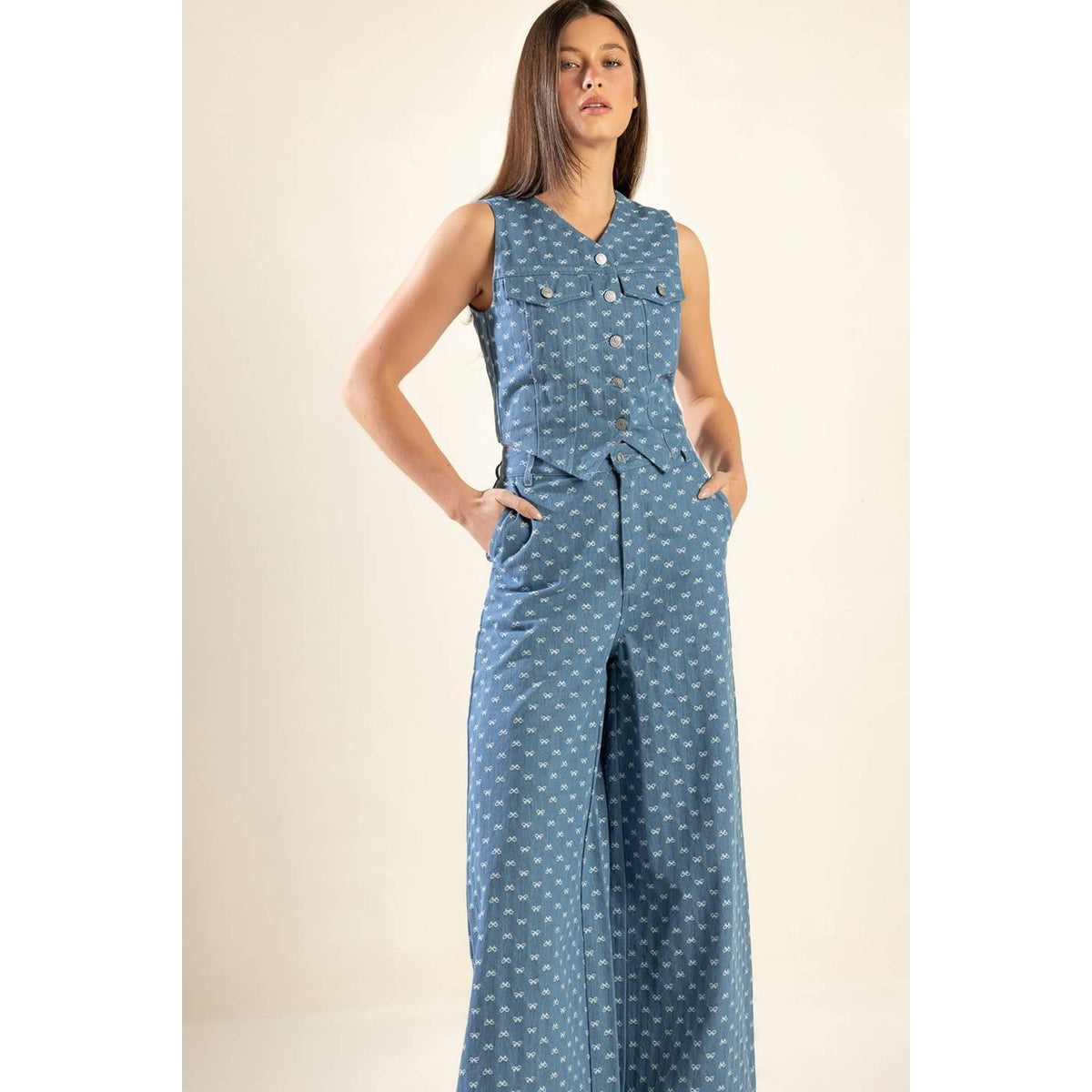 a woman in a blue jumpsuit