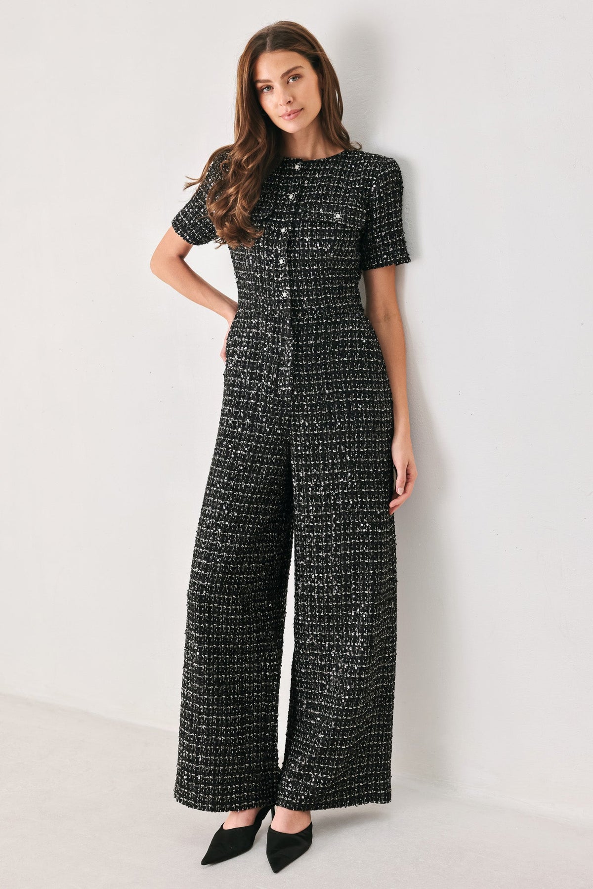 MIDNIGHT TWEED BLACK SEQUIN WIDE-LEG JUMPSUIT