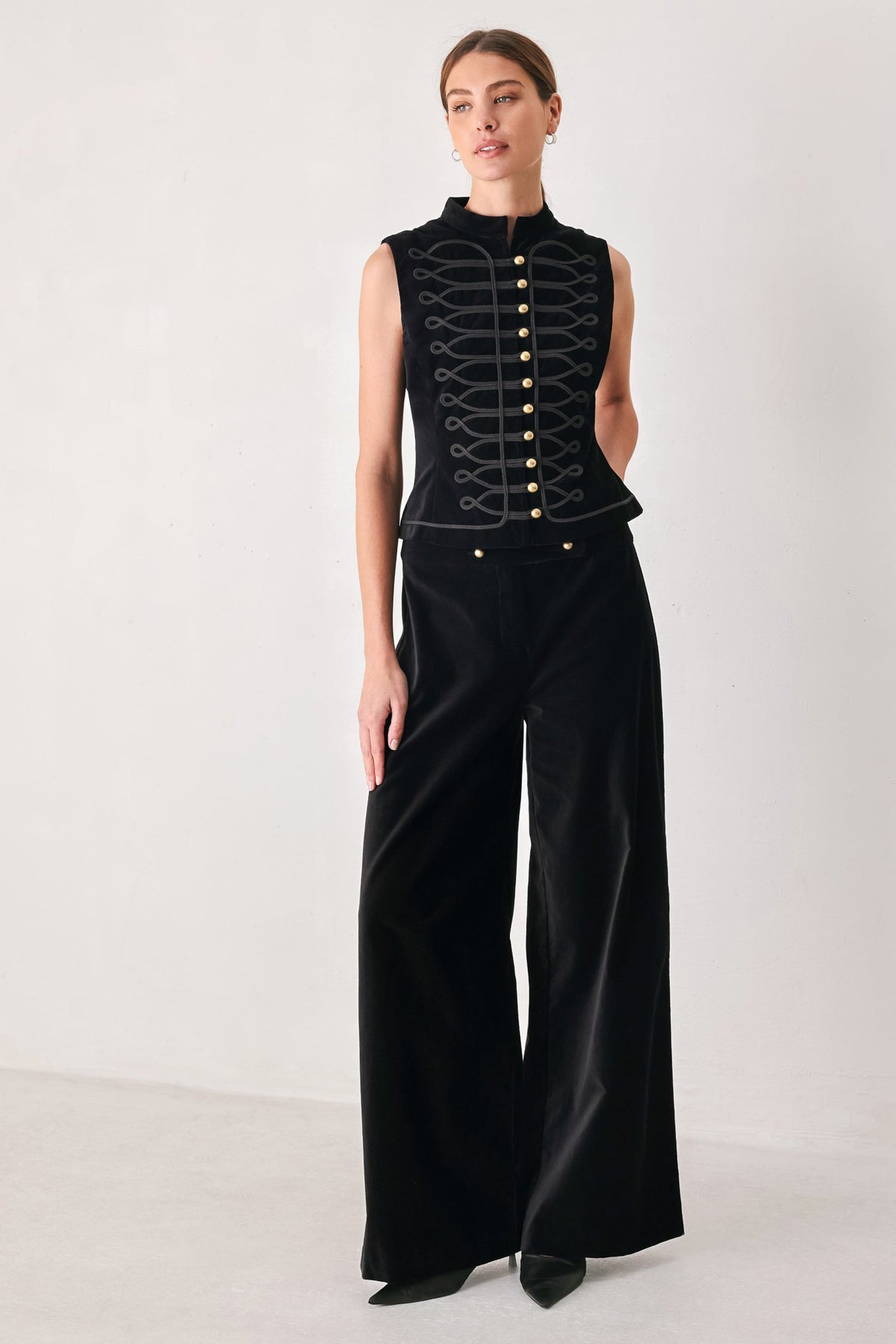 VELVET COMMAND BLACK BUTTON-WAIST WIDE-LEG PANTS