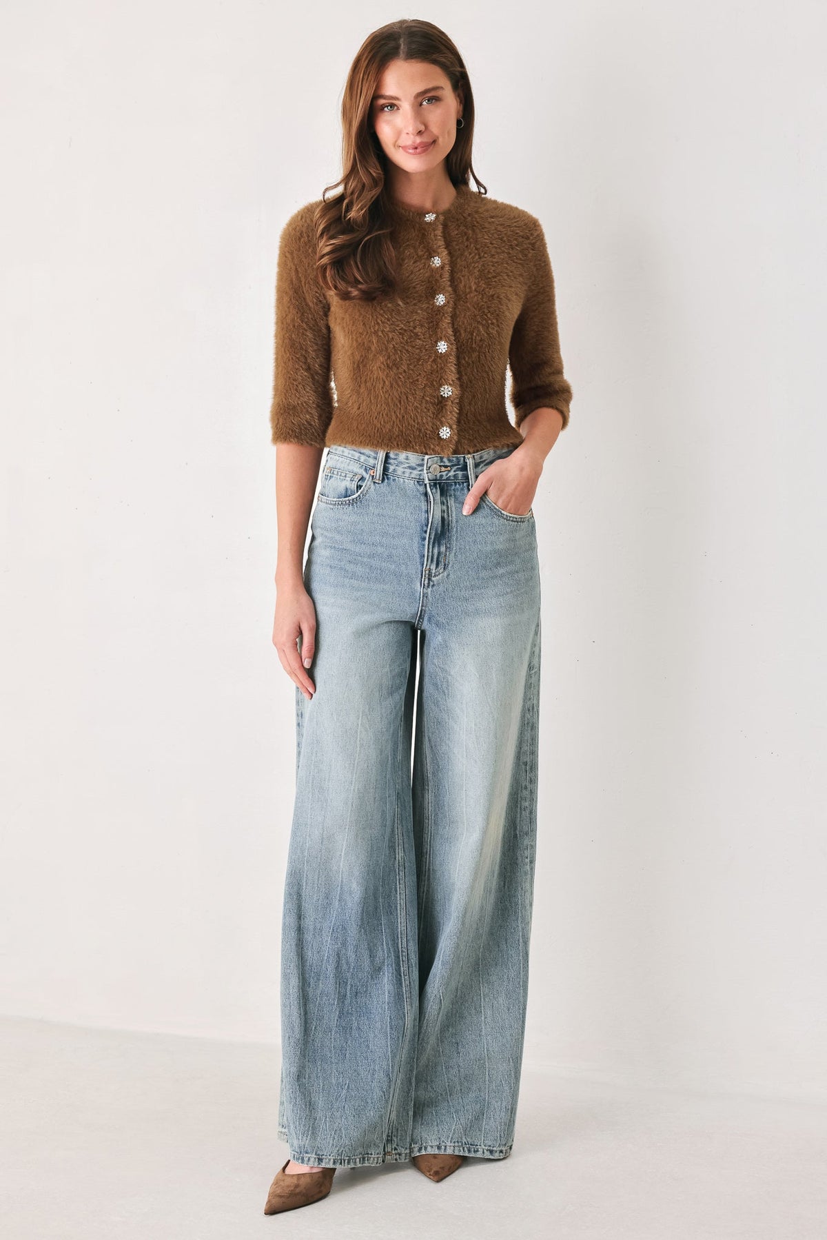 CAMEL CLASSIC CAMEL/OFF WHITE ELBOW-SLEEVE CARDIGAN