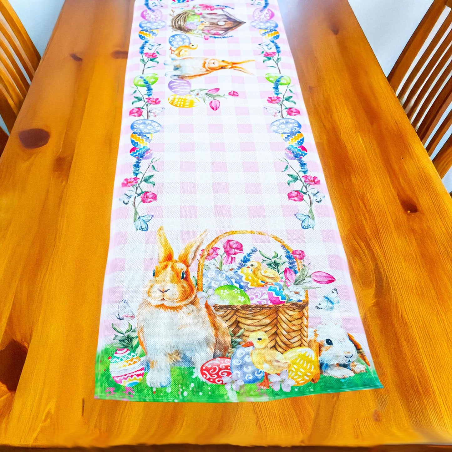 Fabric Easter Table Runner Featuring Playful Bunnies and Pastel Eggs 73 Inches Long