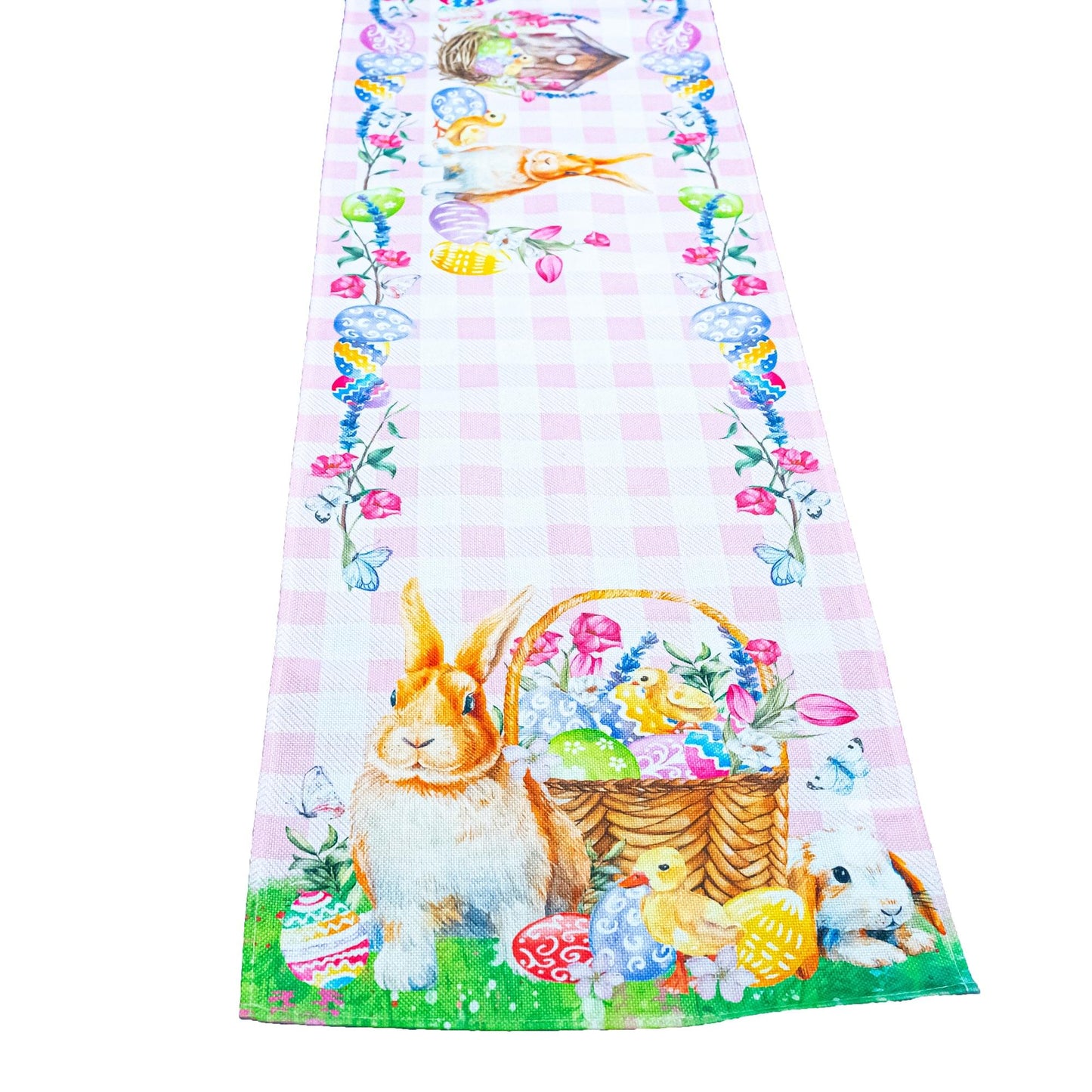 Fabric Easter Table Runner Featuring Playful Bunnies and Pastel Eggs 73 Inches Long