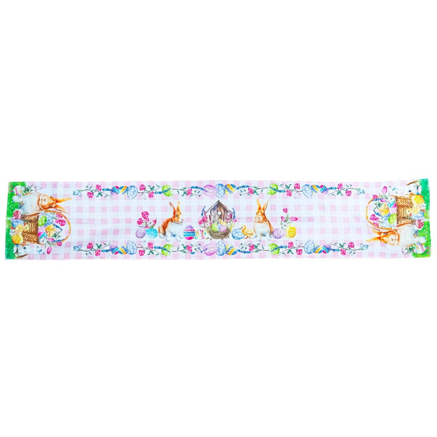 Fabric Easter Table Runner Featuring Playful Bunnies and Pastel Eggs 73 Inches Long