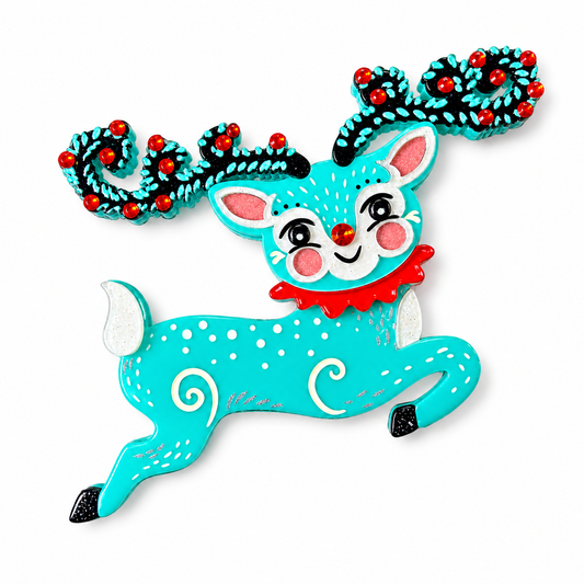 a blue and red reindeer ornament