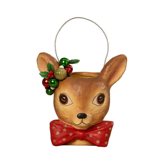 a ceramic animal head with bow tie and beads