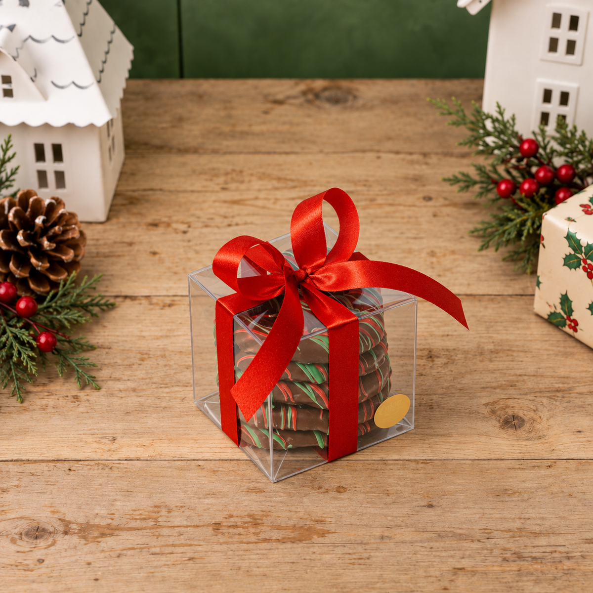 a box of cookies with a red bow and a red ribbon