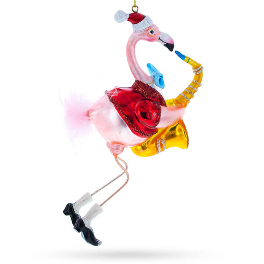 Flamingo Playing Saxophone Glass Christmas Ornament
