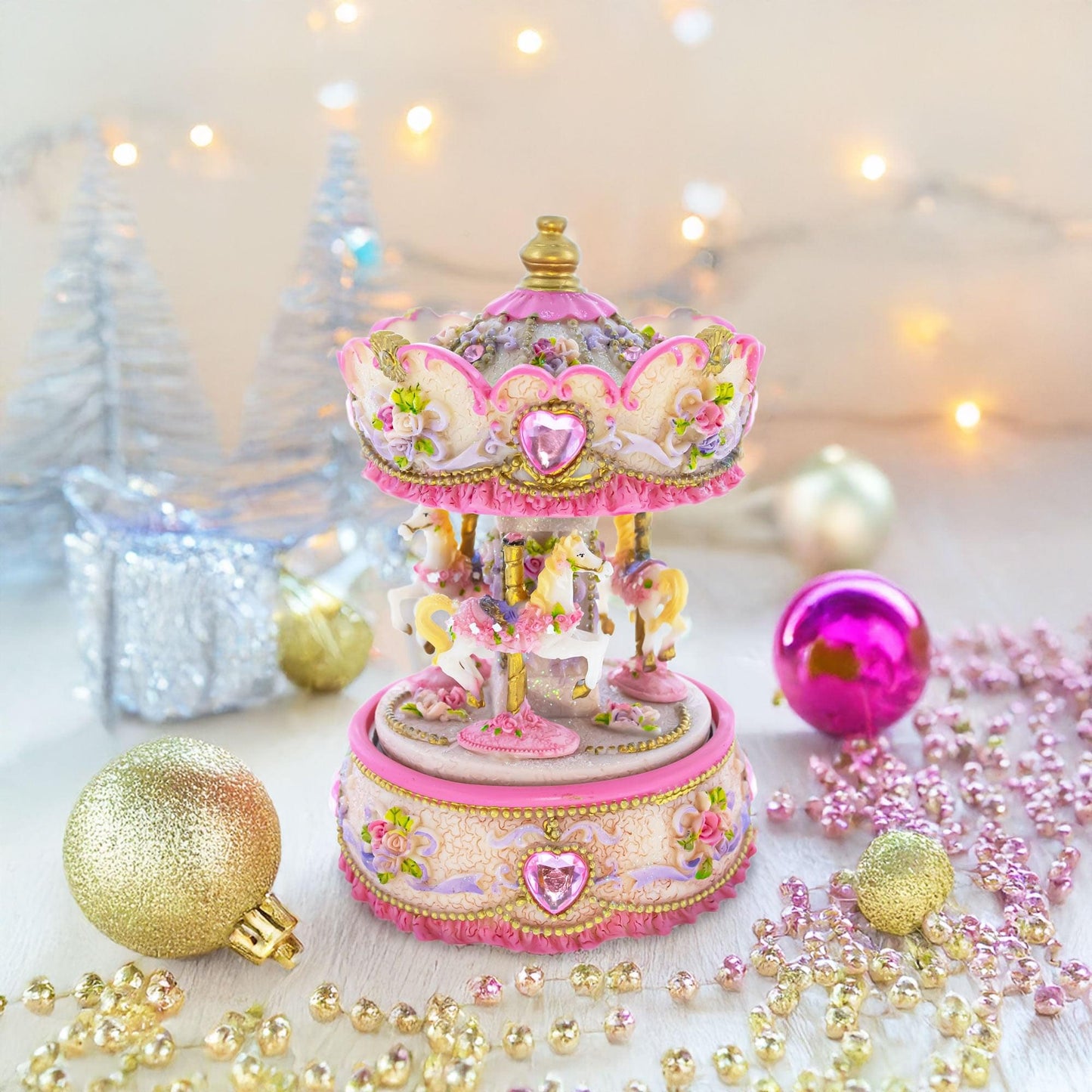 Floral Three Horses Carousel Spinning Musical Figurine
