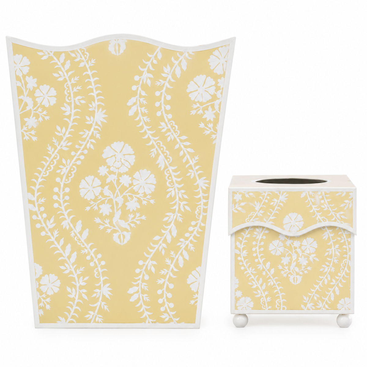Butter Yellow Floral Trellis Wastepaper Basket & Tissue (2 Options)